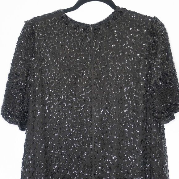 Brilliante by J.A. VINTAGE Dress Size Large 100% Silk Black Shift Sequins Beads - Picture 9 of 10